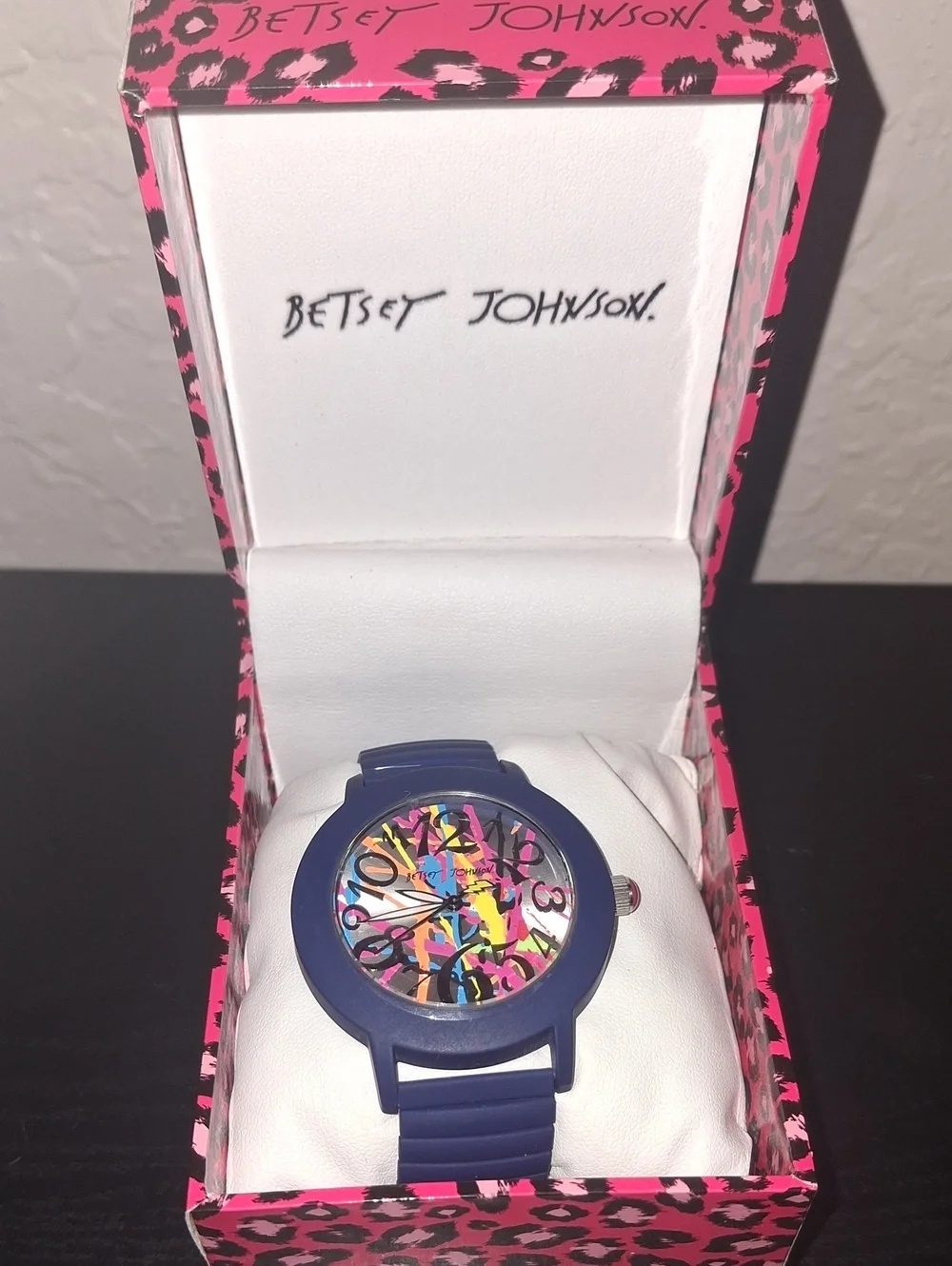 Betsey Johnson Navy Blue Silicone Watch with Multicolor Abstract Dial